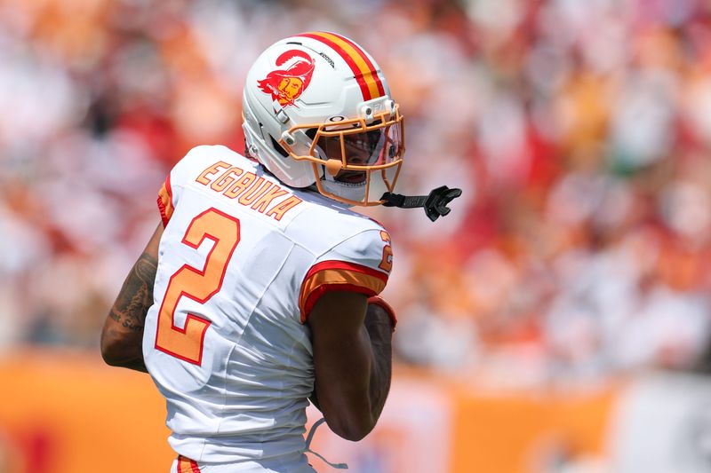 Sep 21, 2025; Tampa, Florida, USA; Tampa Bay Buccaneers wide receiver Emeka Egbuka (2) receives a pass against the New York Jets in the second quarter at Raymond James Stadium. Mandatory Credit: Nathan Ray Seebeck-Imagn Images