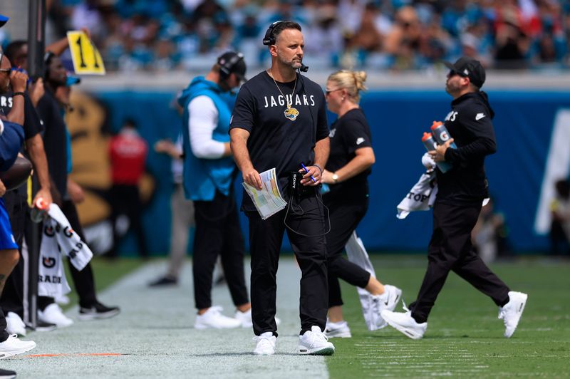 Jacksonville Jaguars defensive coordinator Anthony Campanile looks on during the first quarter of an NFL football matchup at EverBank Stadium, Sunday, Sept. 21, 2025, in Jacksonville, Fla. The Jaguars defeated the Texans 17-10. The Jaguars defeated the Texans 17-10.