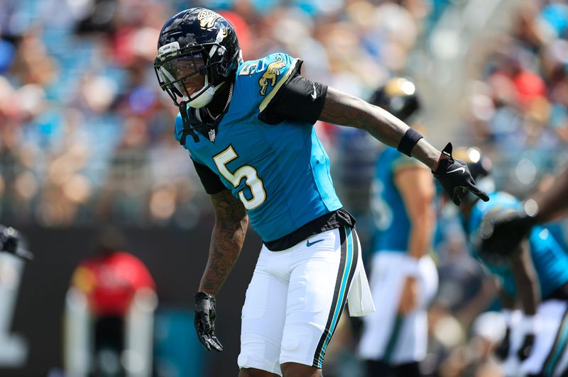 Jacksonville Jaguars wide receiver Dyami Brown (5) looks on during the first quarter of an NFL football matchup at EverBank Stadium, Sunday, Sept. 21, 2025, in Jacksonville, Fla. The Jaguars defeated the Texans 17-10.