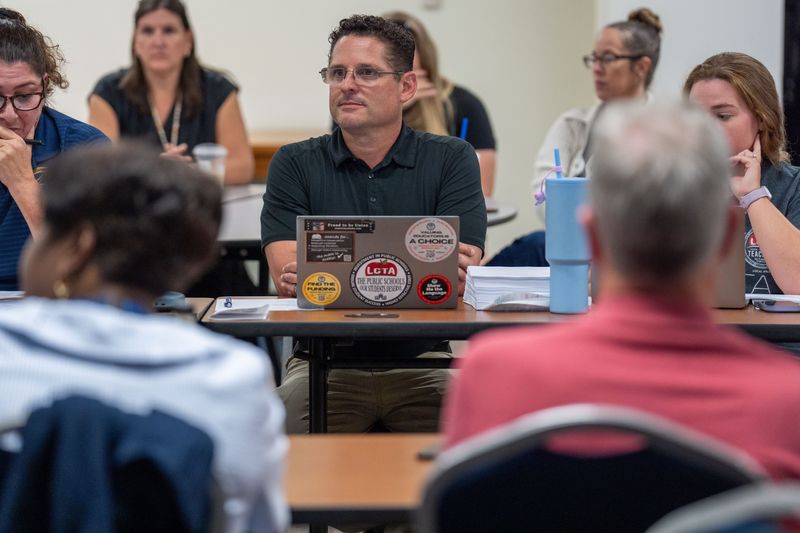 Scott Mazur, Leon Classroom Teachers Association President, speaks during a bargaining meeting on Wednesday, Sept. 24, 2025.
