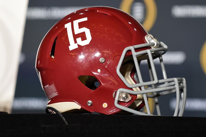Jan 12, 2016; Scottsdale, AZ, USA; General view of an Alabama Crimson Tide helmet prior to a press conference at JW Marriott Camelback Inn. Mandatory Credit: Matt Kartozian-USA TODAY Sports