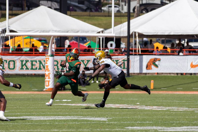 Florida A&M Rattlers Running Back Thad Franklin Jr. (0) runs the ball. The Florida A&M Rattlers were defeated by Alabama State on Saturday, Sept. 27, 2025.