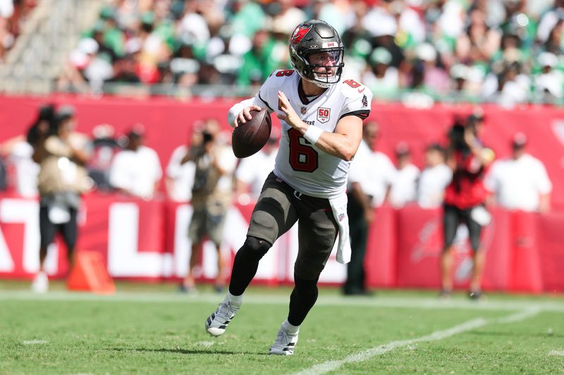 Sep 28, 2025; Tampa, Florida, USA; Tampa Bay Buccaneers quarterback Baker Mayfield (6) prepares to throw the ball during the third quarter against the Philadelphia Eagles at Raymond James Stadium. Mandatory Credit: Nathan Ray Seebeck-Imagn Images