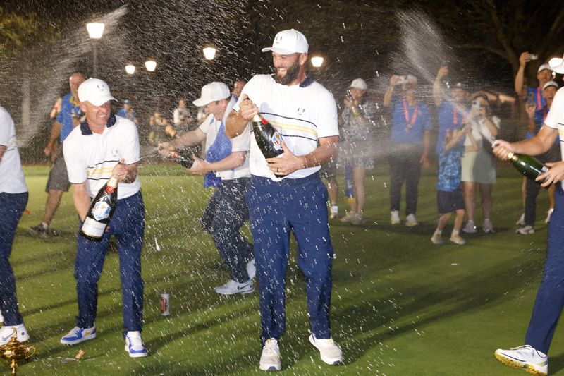 Sep 28, 2025; Bethpage, New York, USA; Team Europe golfer Shane Lowry reacts after defeating Team USA on the final day of competition for the Ryder Cup at Bethpage Black. Mandatory Credit: Peter Casey-Imagn Images