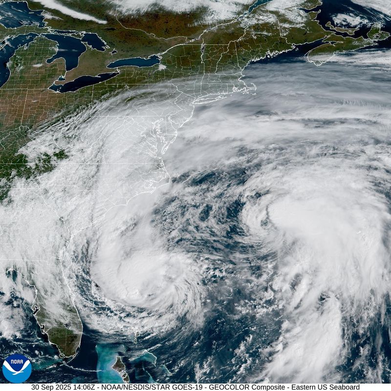 Satellite imagery shows Hurricane Humberto and Hurricane Imelda in the Atlantic basin on Tuesday, Sept. 30, 2025.
