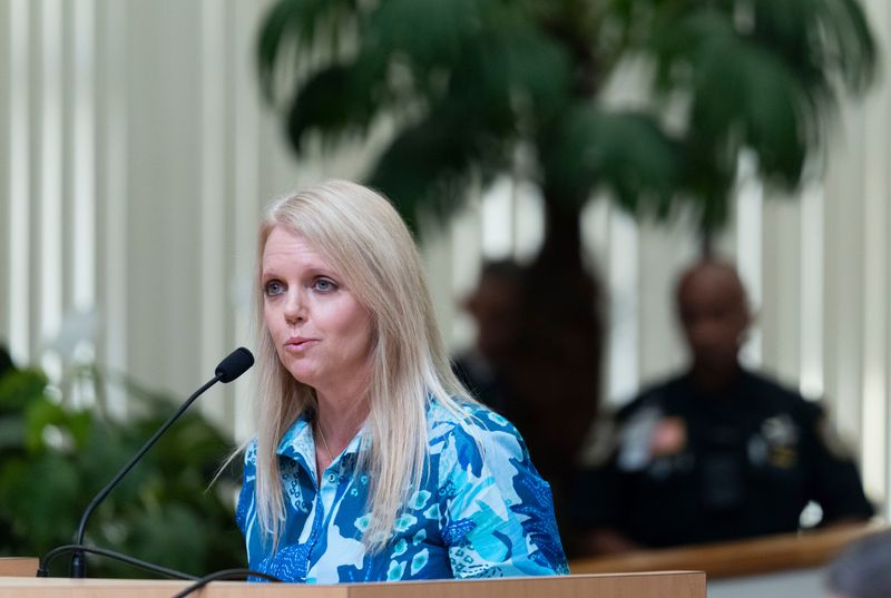 Former commissioner and new Palm Beach County Homeless Coalition President Melissa McKinlay speaks to the Palm Beach County Commission meeting on September 30, 2025, in West Palm Beach, Florida.