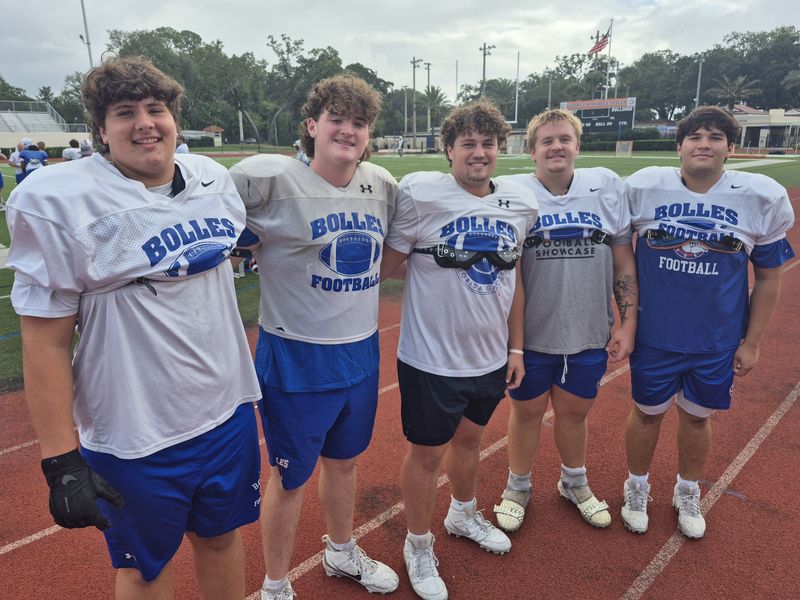 Bolles offensive linemen Will Zebroski, Reid Koelbel, Ryan Ingram, Caleb Barnes and Andrew Smith line up during high school football practice on Sept. 30, 2025. [Clayton Freeman/Florida Times-Union]