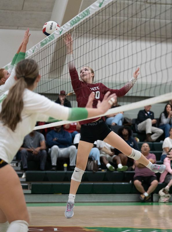 Aggies Bailie Merritt (10) plays the ball during the Tate vs Catholic volleyball match at Pensacola Catholic High School on Sept. 30, 2025.