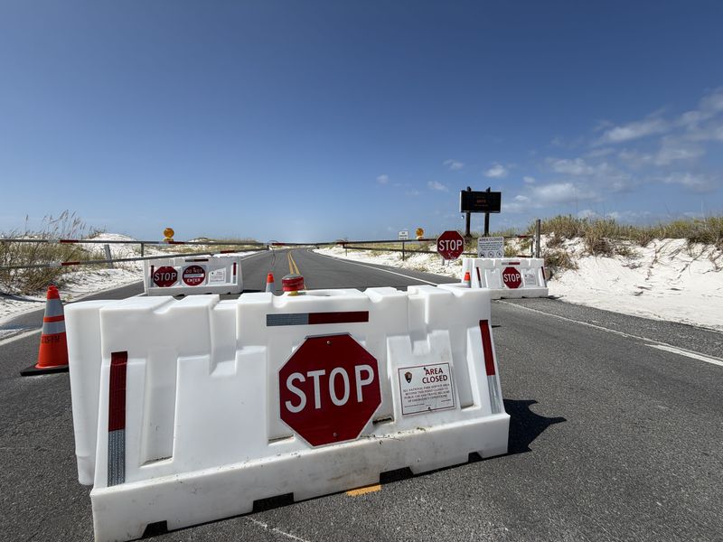 The entrance to Fort Pickens at the Gulf Islands National Seashore is barricaded because of the federal government shutdown on Oct. 2, 2025.