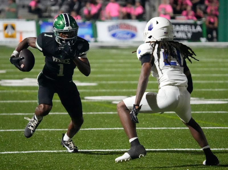 Venice wide receiver Tyree Mannings (#1) looks to gain extra yardage against IMG defensive back Censere Gaylord (#21). The Venice Indians hosted the IMG Academy Ascenders National team Friday evening Sept. 3, 2025.