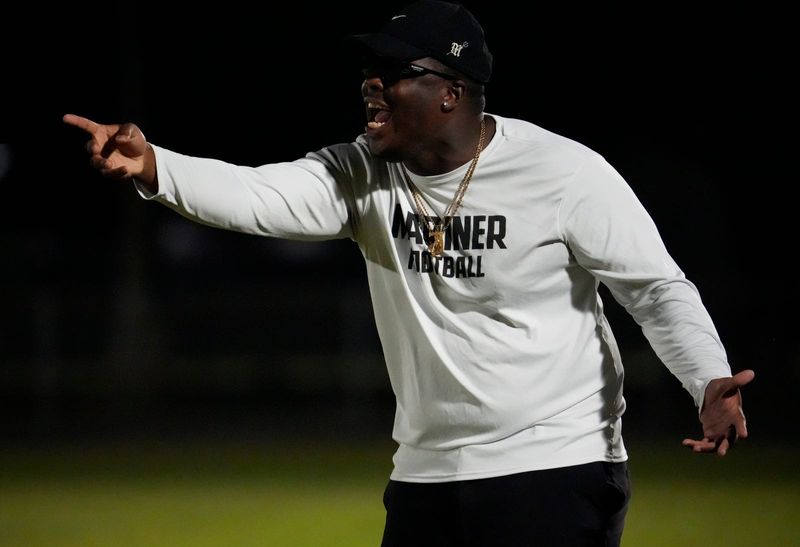 Mariner coach Tyran Jones reacts to a play. Cape Coral visited Mariner High School for a District 5A-10 matchup in the 39th annual Black and Blue rivalry game Friday, October 3, 2025. The Cape Coral Seahawks walked away with the victory with a final score of 30-7.