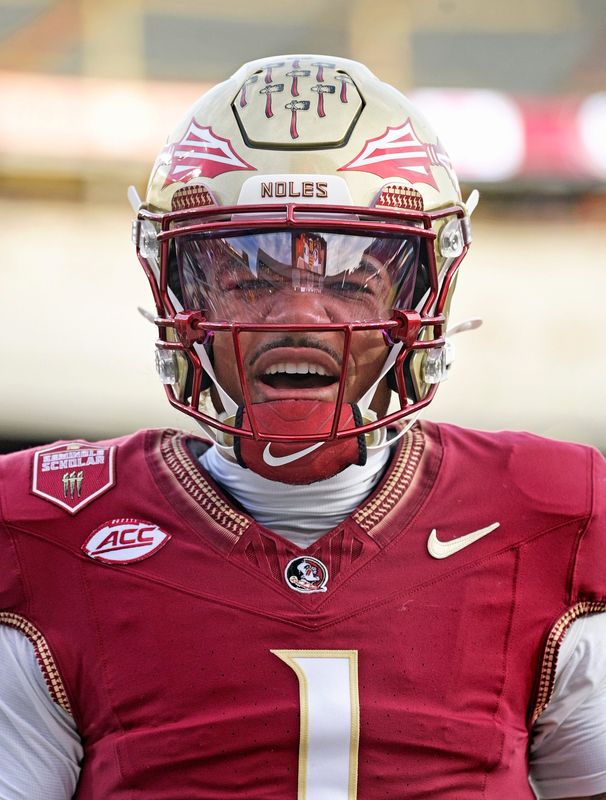 Florida State Seminoles quarterback Tommy Castellanos (1) warms up before a game Oct. 4, 2025, against the Miami Hurricanes at Doak S. Campbell Stadium in Tallahassee, Florida. Mandatory Credit: Melina Myers-Imagn Images