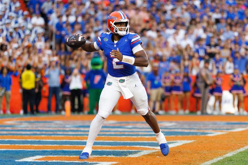 Oct 4, 2025; Gainesville, Florida, USA; Florida Gators quarterback DJ Lagway (2) throws the ball from the end zone against the Texas Longhorns during the second half at Ben Hill Griffin Stadium. Mandatory Credit: Matt Pendleton-Imagn Images