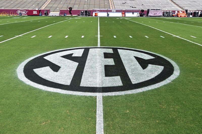 Oct 4, 2025; College Station, Texas, USA; A detail view of the SEC logo painted on Kyle Field prior to the game between the Texas A&M Aggies and the Mississippi State Bulldogs. Mandatory Credit: Maria Lysaker-Imagn Images