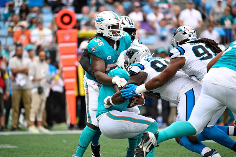 Oct 5, 2025; Charlotte, North Carolina, USA; Miami Dolphins quarterback Tua Tagovailoa (1) is sacked by Carolina Panthers defensive end A'Shawn Robinson (94) and linebacker Patrick Jones II (91) in the second quarter at Bank of America Stadium. Mandatory Credit: Bob Donnan-Imagn Images