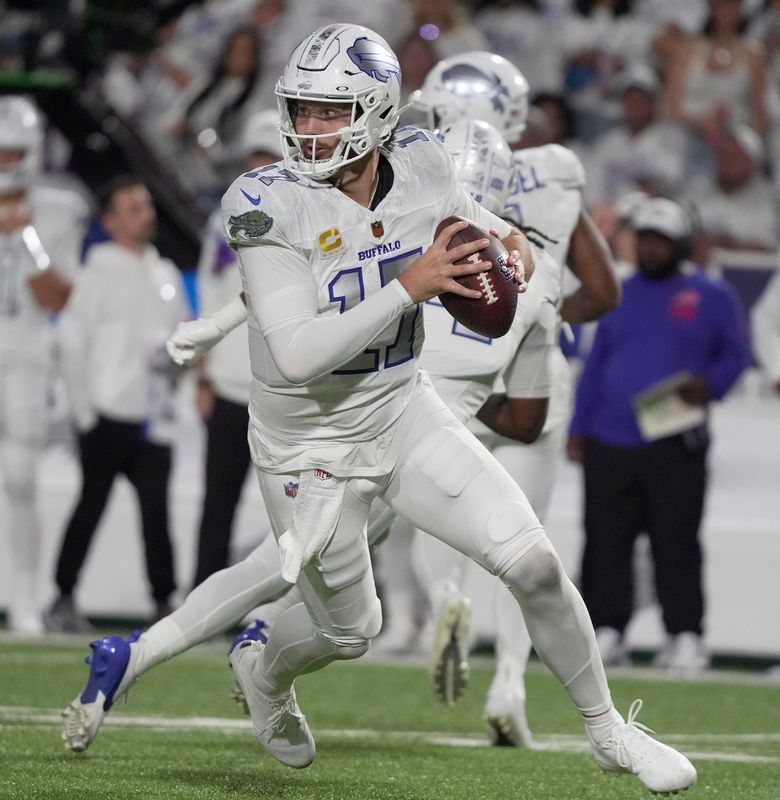 Buffalo Bills quarterback Josh Allen gets ready to throw to an open receiver during first half action at Highmark Stadium in Orchard Park on Oct. 5, 2025.
