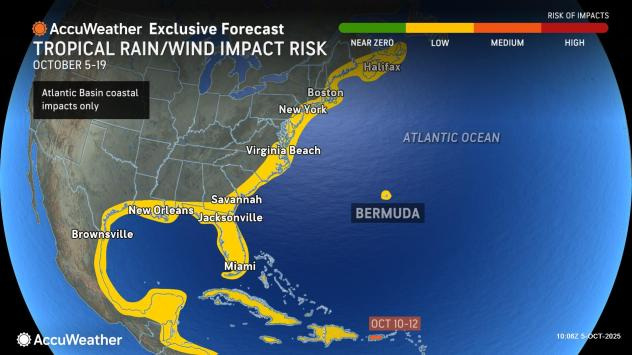 Tropical rain and wind impact risks into early October 2025.