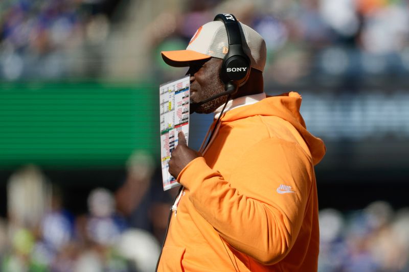 Oct 5, 2025; Seattle, Washington, USA; Tampa Bay Buccaneers head coach Todd Bowles on the sidelines during the first half of a game against the Seattle Seahawks at Lumen Field. Mandatory Credit: Joe Nicholson-Imagn Images