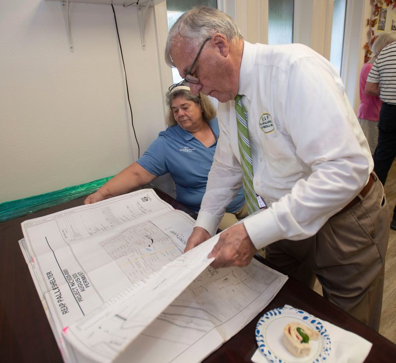 Re-Entry Alliance Pensacola's Vinny Whibbs, Jr. reviews the organization's plans to build pallet shelters with Opening Doors NWFL's Tammy Byer on Oct. 6, 2025.