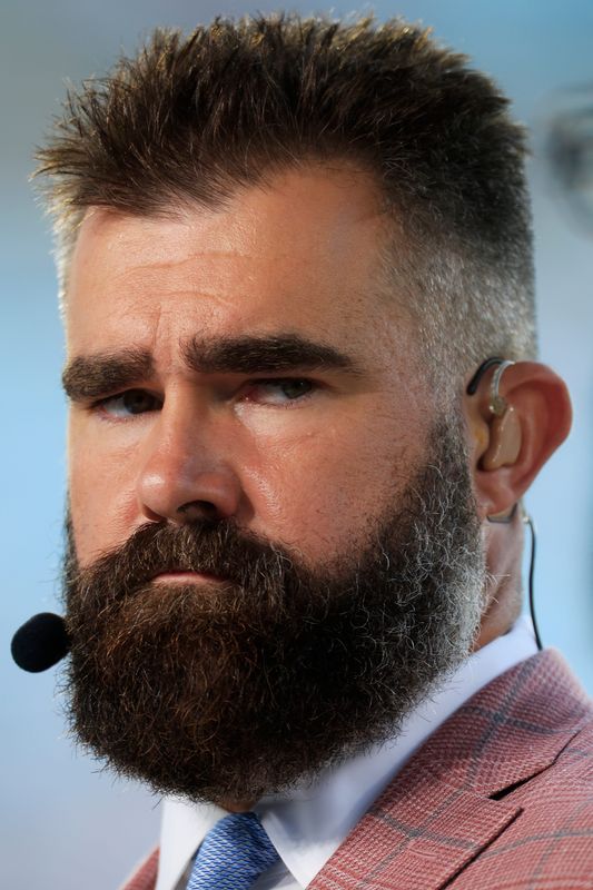 ESPN Monday Night Countdown analyst and former Eagles center Jason Kelce looks on before an NFL football matchup at EverBank Stadium, Monday, Oct. 6, 2025, in Jacksonville, Fla. [Corey Perrine/Florida Times-Union]