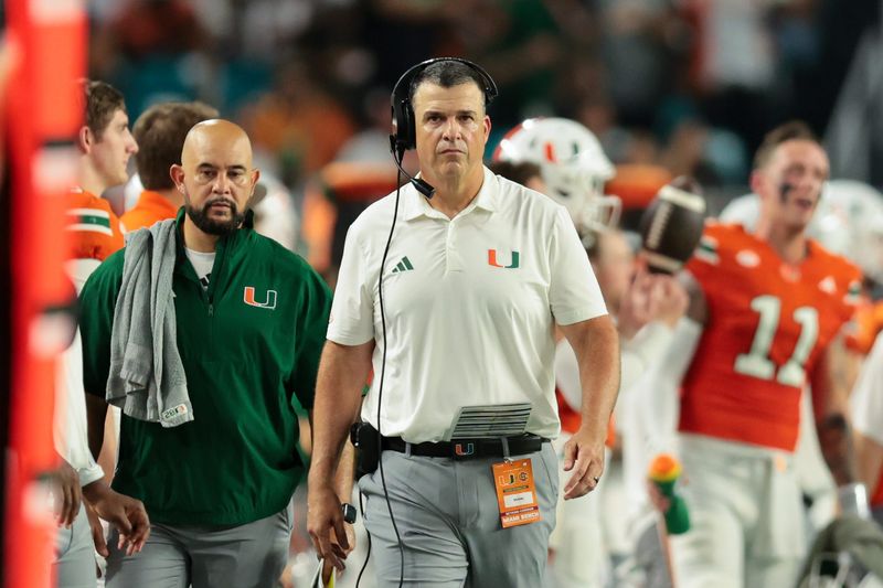 Sep 6, 2025; Miami Gardens, Florida, USA; Miami Hurricanes head coach Mario Cristobal looks on from the sideline against the Bethune-Cookman Wildcats during the second quarter at Hard Rock Stadium. Mandatory Credit: Sam Navarro-Imagn Images