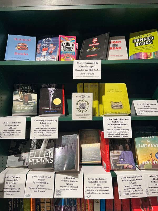 A display of the most banned and challenged books in the U.S. during the 2023-2024 school year at the Lynx Books on Oct. 6, 2025, in Gainesville.