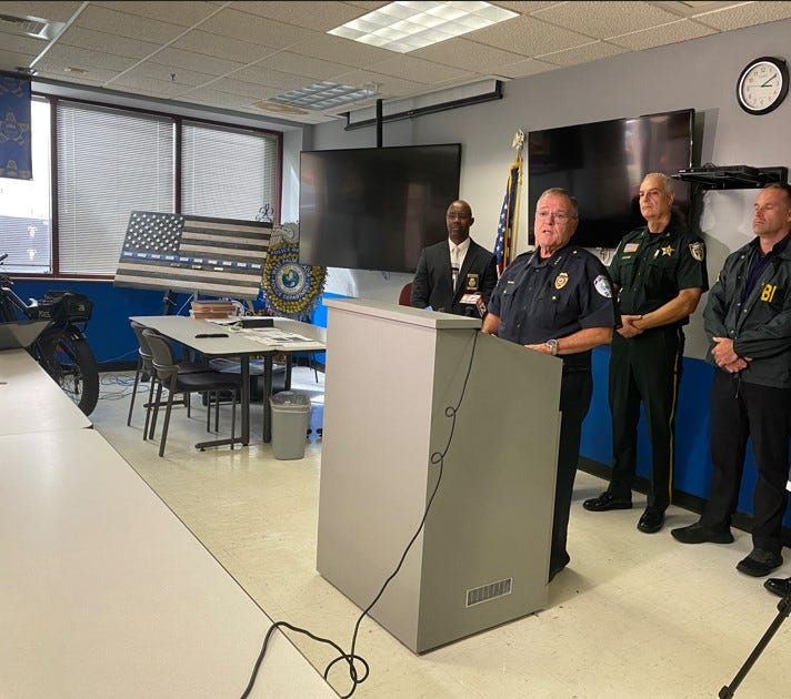 West Palm Beach Police Chief Tony Araujo provides updates on an Oct. 7, 2025, shooting that wounded a city police officer. Police are searching for a 22-year-old man in connection to the shooting.