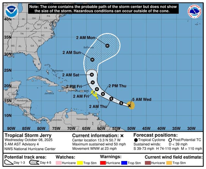 Projected path for Tropical Storm Jerry as of 5 a.m. Oct. 8, 2025.