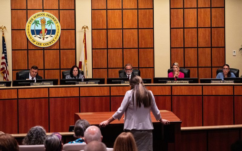 Members of the Lee County School Board listen to public comment on Tuesday, Oct. 7, 2025. There was an array of topics being discussed. Speakers included support for and against Lee County teachers who were put under investigation for making comments on social media regarding Charlie Kirk following his death.
