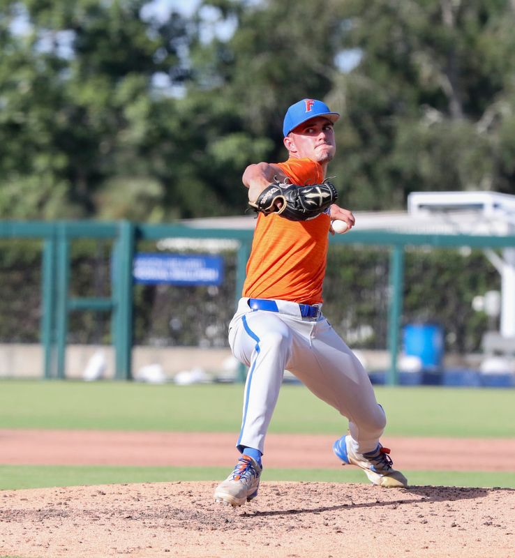 The GatorsÕ McCall Biemiller (#33) takes the mound for the Orange Team during the Fall Ball intrasquad scrimmage, Wednesday, October 8, 2025, at at Condron Family Ballpark, in Gainesville, Florida. [Cyndi Chambers/ Gainesville Sun] 2025