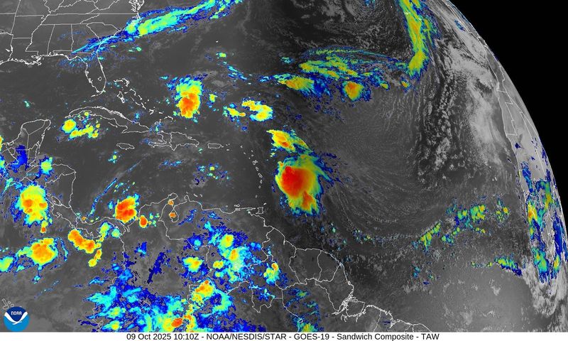 Satellite view of Tropical Storm Jerry 6 a.m. Oct. 9, 2025.