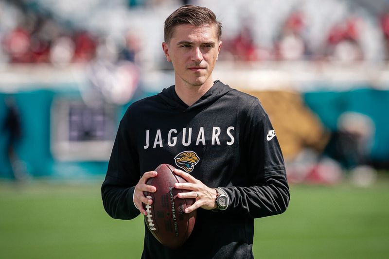 Sep 21, 2025; Jacksonville, Florida, USA; Jacksonville Jaguars general manager James Gladstone on the field during pregame against the Houston Texans at EverBank Stadium. Mandatory Credit: Travis Register-Imagn Images