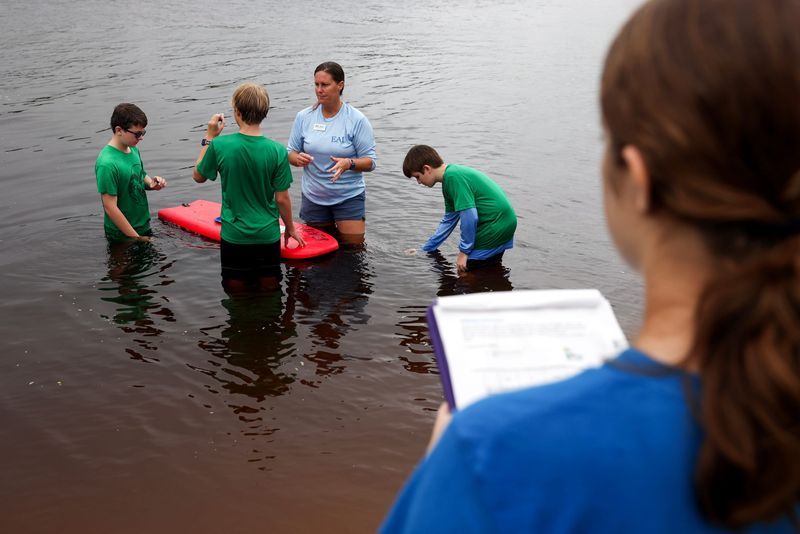 Melissa Dixson, Ecological Associates Inc., teaches students from Redeemer Lutheran School about dissolved oxygen during Ocean Research & Conservation Association's (ORCA) 8th annual A Day in the Life of the Indian River Lagoon, Oct. 9, 2025, at Sandsprit Park in Martin County. Participants were spread out across more than 40 locations along the 156-mile estuary to collect hands-on lagoon health data.