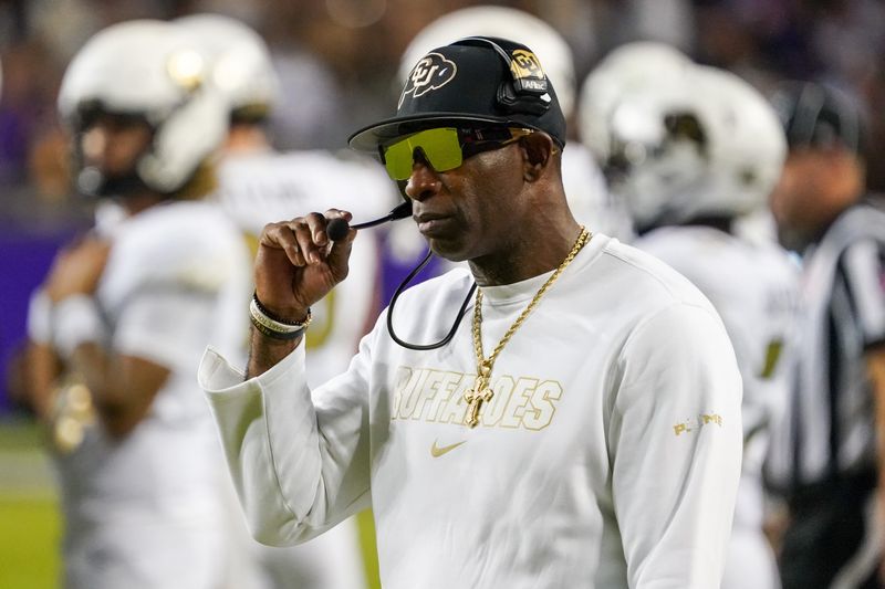 Oct 4, 2025; Fort Worth, Texas, USA; Colorado Buffaloes head coach Deion Sanders on the sidelines during the first half against the TCU Horned Frogs at Amon G. Carter Stadium.