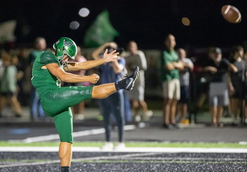 Venice beat Riverview 46-23 in a high school football game on Friday, Oct. 10, 2025. Indians punter James Reynolds (81) kicks from deep in his own territory.