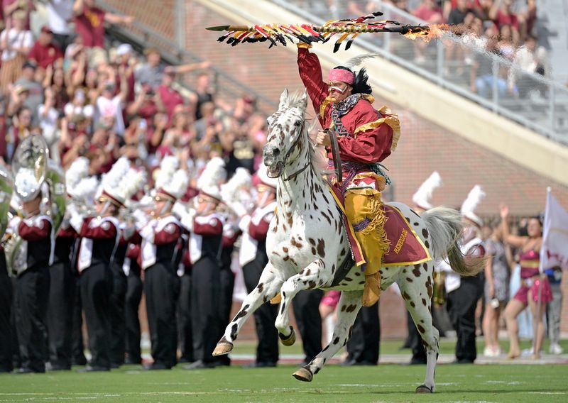 Oct 11, 2025; Tallahassee, Florida, USA; Florida State Seminoles symbols Osceola and Renegade take the field before the start of the game against the Pittsburgh Panthers at Doak S. Campbell Stadium. Mandatory Credit: Melina Myers-Imagn Images