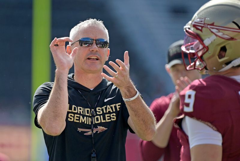 Oct 11, 2025; Tallahassee, Florida, USA; Florida State Seminoles head coach Mike Norvell before the game against the Pittsburgh Panthers at Doak S. Campbell Stadium. Mandatory Credit: Melina Myers-Imagn Images
