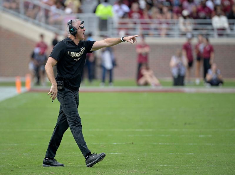 Oct 11, 2025; Tallahassee, Florida, USA; Florida State Seminoles head coach Mike Norvell during the second half against the Pittsburgh Panthers at Doak S. Campbell Stadium. Mandatory Credit: Melina Myers-Imagn Images