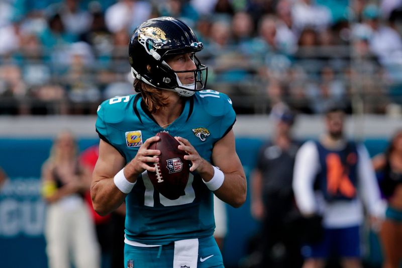Oct 12, 2025; Jacksonville, Florida, USA; Jacksonville Jaguars quarterback Trevor Lawrence (16) drops back to throw a pass during the first half against the Seattle Seahawks at EverBank Stadium. Mandatory Credit: Travis Register-Imagn Images