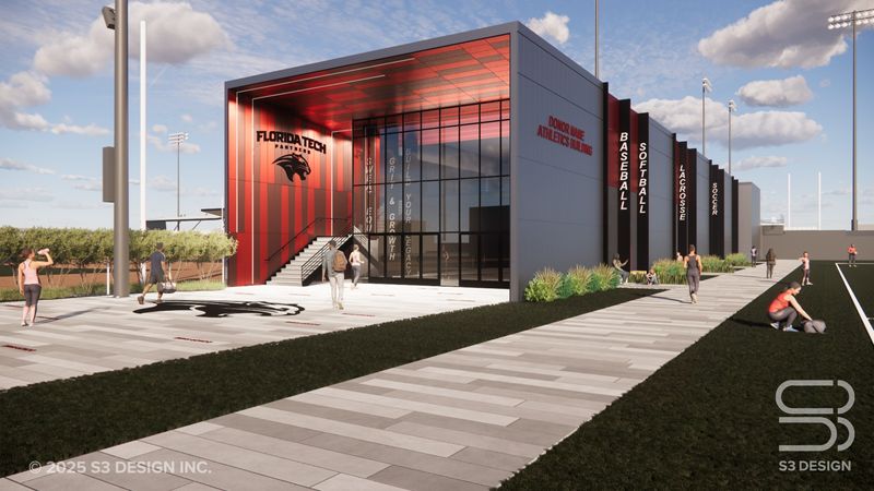 A rendering of the proposed athletics gateway facility at the Florida Institute of Technology, located between Andy Seminick-Les Hall Field and Rick Stottler Field.