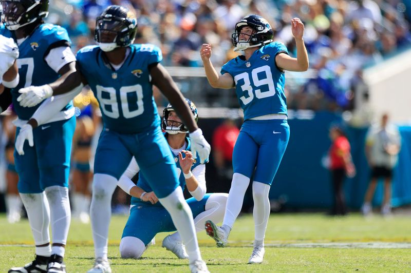 Jacksonville Jaguars kicker Cam Little (39) follows his missed field goal during the second quarter of an NFL football matchup, Sunday, Oct. 12, 2025, at EverBank Stadium in Jacksonville, Fla. The Seahawks defeated the Jaguars 20-12.