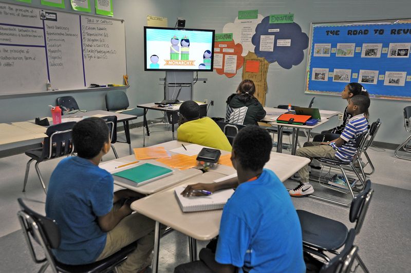 Students in a 7th-grade civics class at Twin Lakes Academy Middle School watch a presentation about different types of governments on the classroom's 55-inch monitor in this photo from 2015.