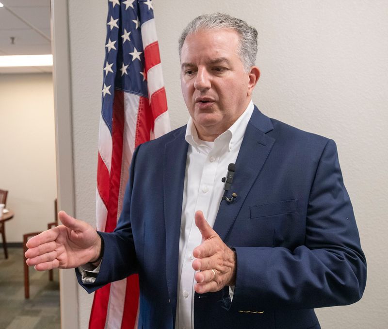 U.S. Rep. Jimmy Patronis provides an update on the government shutdown and the President's proposal to pay military members using unspent funds allocated to projects and programs during an interview at Pensacola State College on Oct. 14, 2025.