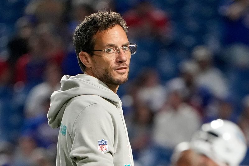 Miami Dolphins head coach Mike McDaniel looks on before the game Sept. 18, 2025 against the Buffalo Bills at Highmark Stadium in Orchard Park, New York. Mandatory Credit: Gregory Fisher-Imagn Images