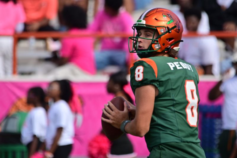 Florida A&M Rattlers quarterback Jett Peddy drops back to pass versus the North Carolina Central Eagles during a Week 7 NCAA college football game on Ken Riley Field at Bragg Memorial Stadium in Tallahassee, Florida on Saturday, Oct. 11, 2025.
