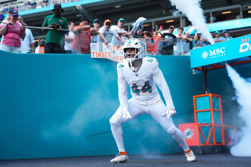 Oct 12, 2025; Miami Gardens, Florida, USA; Miami Dolphins linebacker Chop Robinson (44) enters the field prior to a game against the Los Angeles Chargers at Hard Rock Stadium. Mandatory Credit: Rich Storry-Imagn Images