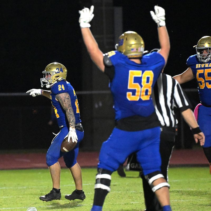 Cardinal Newman's Phoenix Donghia scores and Colt Hauser gives the signal during a 26-20 overtime win against West Boca Raton on Oct. 17, 2025.