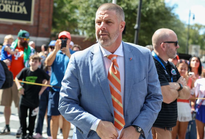 Florida head coach Billy Napier greets fans during Gator Walk before an NCAA football game against Mississippi Stateat Steve Spurrier Field at Ben Hill Griffin Stadium in Gainesville, FL on Saturday, October 18, 2025. [Alan Youngblood/Gainesville Sun]