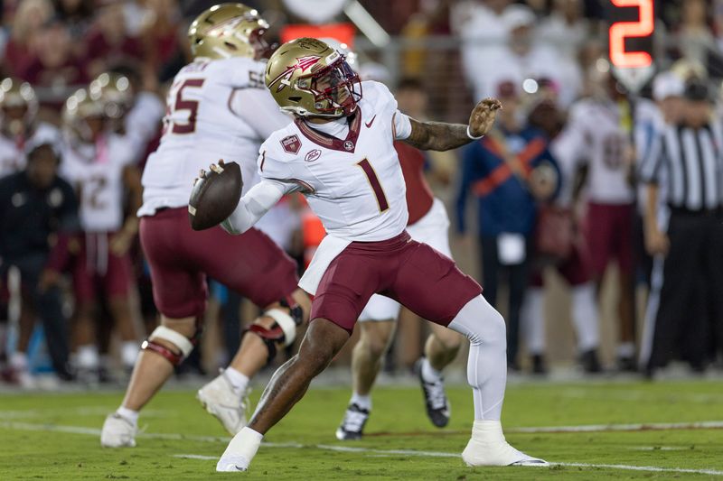 Oct 18, 2025; Stanford, California, USA; Florida State Seminoles quarterback Tommy Castellanos (1) throws the football during the first quarter against the Stanford Cardinal at Stanford Stadium. Mandatory Credit: Stan Szeto-Imagn Images