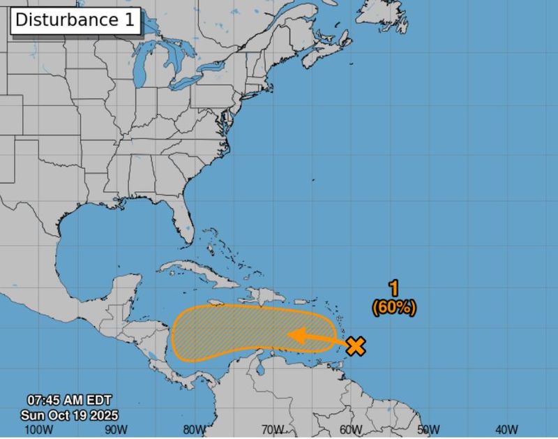 The 8 a.m. Sunday, Oct. 19, 2025, weather advisory from the National Hurricane Center in Miami, Florida, shows a tropical wave near the Windward Islands and the Caribbean Sea. Chance of formation in 7 days was medium. Atlantic hurricane season runs June 1 to Nov. 30 every year.